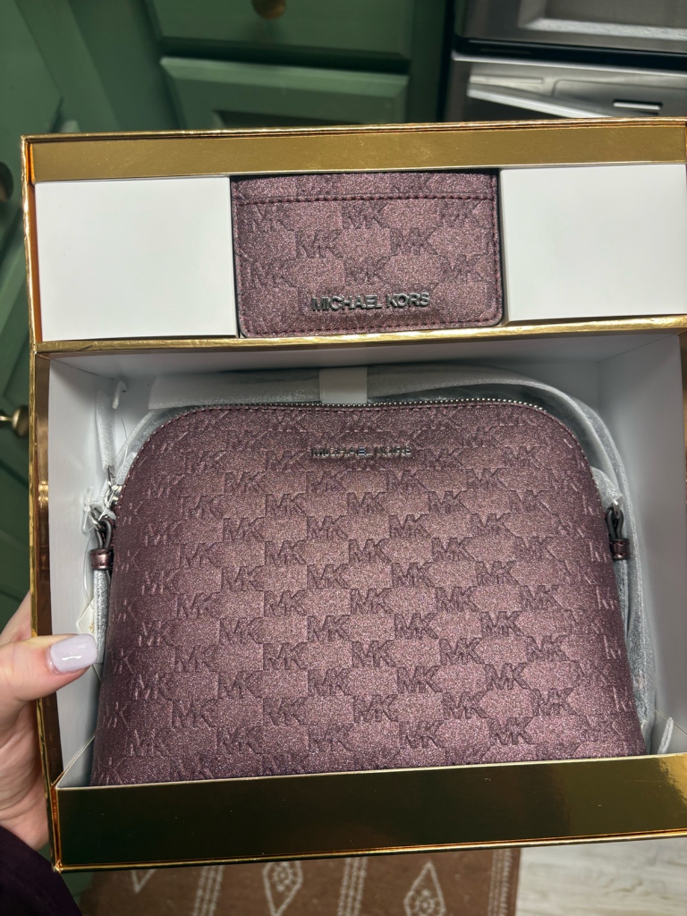 Michael Kors Shimmery Mauve Crossbody with Card Case